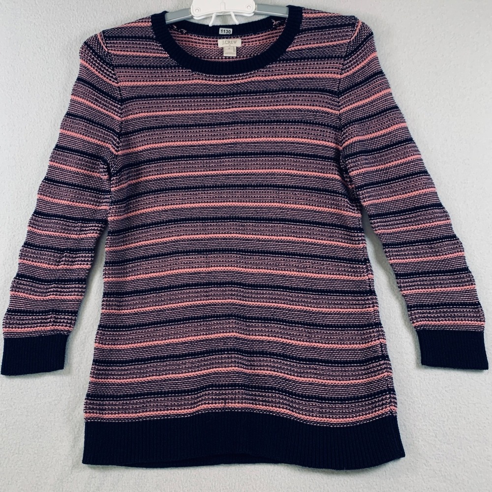 J. Crew Womens Long Sleeve Crew Neck Soft Cotton Sweater Stripe Pink Blue Size M